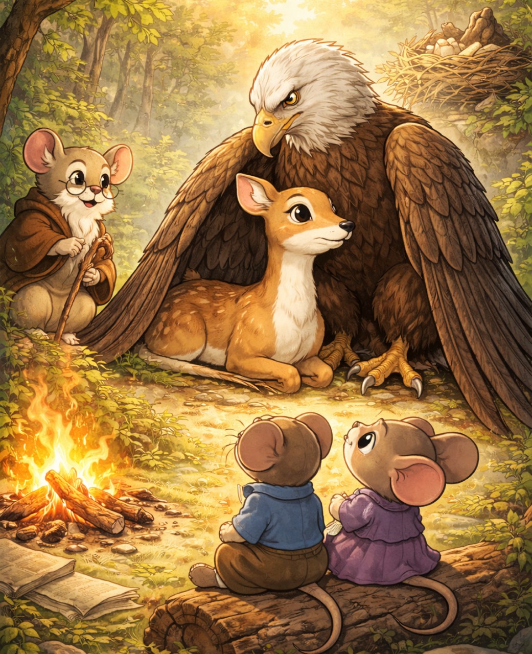 ‎حكاية النَّسر العالِم والظَّبية المُتردِّدة