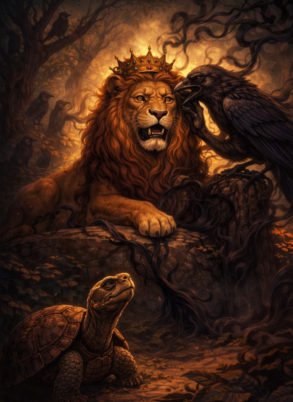 قصة الأسد والغراب والسلحفاة