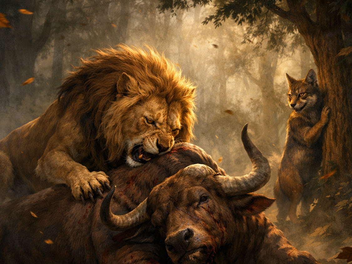 الاسد والثور والثعلب النمام